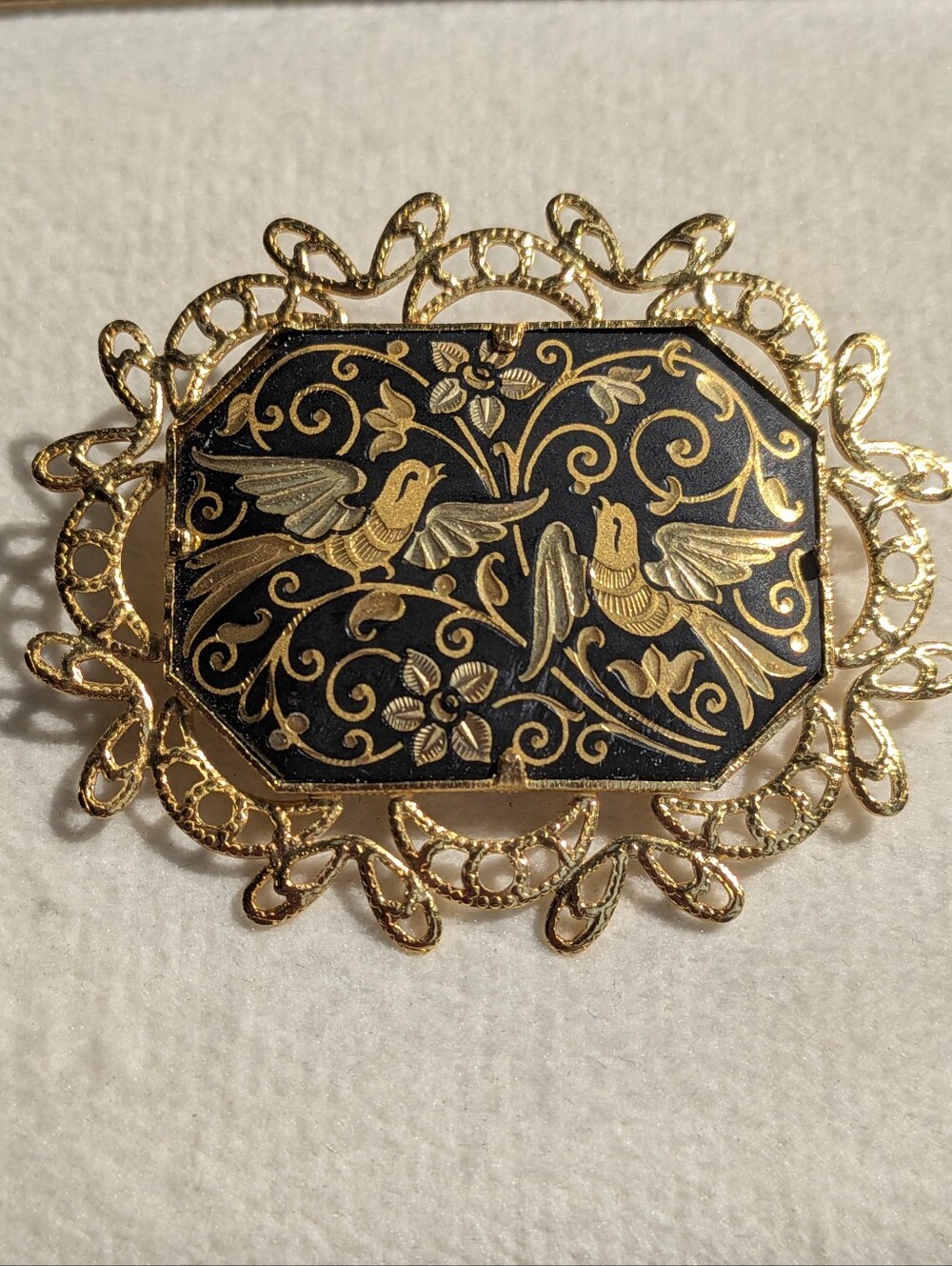 Vintage Anframa Toledo 24K Gold Damascene Brooch – Birds & Floral Design – NOS